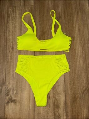 TiniBikini Neon Lime Ribbed Lace-Up Two-Piece